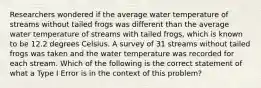 Researchers wondered if the average water temperature of streams without tailed frogs was different than the average water temperature of streams with tailed​ frogs, which is known to be 12.2 degrees Celsius. A survey of 31 streams without tailed frogs was taken and the water temperature was recorded for each stream. Which of the following is the correct statement of what a Type I Error is in the context of this​ problem?