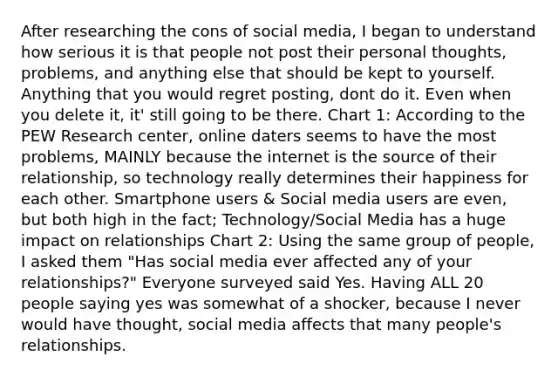 After researching the cons of social media, I began to understand how serious it is that people not post their personal thoughts, problems, and anything else that should be kept to yourself. Anything that you would regret posting, dont do it. Even when you delete it, it' still going to be there. Chart 1: According to the PEW Research center, online daters seems to have the most problems, MAINLY because the internet is the source of their relationship, so technology really determines their happiness for each other. Smartphone users & Social media users are even, but both high in the fact; Technology/Social Media has a huge impact on relationships Chart 2: Using the same group of people, I asked them "Has social media ever affected any of your relationships?" Everyone surveyed said Yes. Having ALL 20 people saying yes was somewhat of a shocker, because I never would have thought, social media affects that many people's relationships.