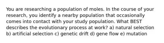 You are researching a population of moles. In the course of your research, you identify a nearby population that occasionally comes into contact with your study population. What BEST describes the evolutionary process at work? a) natural selection b) artificial selection c) genetic drift d) gene flow e) mutation