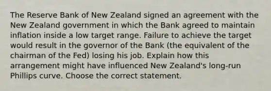 The Reserve Bank of New Zealand signed an agreement with the New Zealand government in which the Bank agreed to maintain inflation inside a low target range. Failure to achieve the target would result in the governor of the Bank​ (the equivalent of the chairman of the​ Fed) losing his job. Explain how this arrangement might have influenced New​ Zealand's long-run Phillips curve. Choose the correct statement.