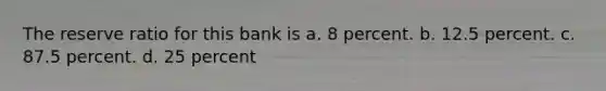 The reserve ratio for this bank is a. 8 percent. b. 12.5 percent. c. 87.5 percent. d. 25 percent