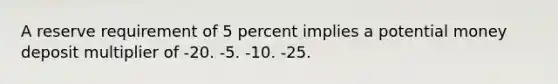 A reserve requirement of 5 percent implies a potential money deposit multiplier of -20. -5. -10. -25.