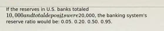 If the reserves in U.S. banks totaled 10,000 and total deposits were20,000, the banking system's reserve ratio would be: 0.05. 0.20. 0.50. 0.95.