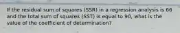 If the residual sum of squares (SSR) in a regression analysis is 66 and the total sum of squares (SST) is equal to 90, what is the value of the coefficient of determination?