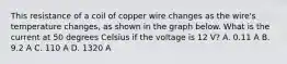 This resistance of a coil of copper wire changes as the wire's temperature changes, as shown in the graph below. What is the current at 50 degrees Celsius if the voltage is 12 V? A. 0.11 A B. 9.2 A C. 110 A D. 1320 A