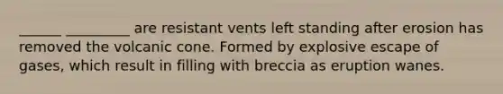 ______ _________ are resistant vents left standing after erosion has removed the volcanic cone. Formed by explosive escape of gases, which result in filling with breccia as eruption wanes.