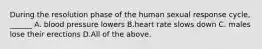 During the resolution phase of the human sexual response cycle, ______ A. blood pressure lowers B.heart rate slows down C. males lose their erections D.All of the above.