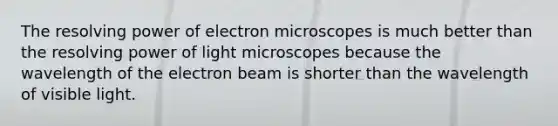 The resolving power of electron microscopes is much better than the resolving power of light microscopes because the wavelength of the electron beam is shorter than the wavelength of visible light.