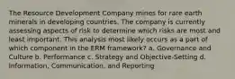 The Resource Development Company mines for rare earth minerals in developing countries. The company is currently assessing aspects of risk to determine which risks are most and least important. This analysis most likely occurs as a part of which component in the ERM framework? a. Governance and Culture b. Performance c. Strategy and Objective-Setting d. Information, Communication, and Reporting