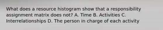 What does a resource histogram show that a responsibility assignment matrix does not? A. Time B. Activities C. Interrelationships D. The person in charge of each activity