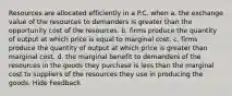 Resources are allocated efficiently in a P.C. when a. the exchange value of the resources to demanders is greater than the opportunity cost of the resources. b. firms produce the quantity of output at which price is equal to marginal cost. c. firms produce the quantity of output at which price is greater than marginal cost. d. the marginal benefit to demanders of the resources in the goods they purchase is less than the marginal cost to suppliers of the resources they use in producing the goods. Hide Feedback