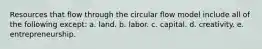 Resources that flow through the circular flow model include all of the following except: a. land. b. labor. c. capital. d. creativity. e. entrepreneurship.