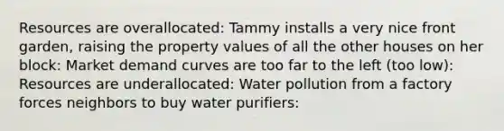 Resources are overallocated: Tammy installs a very nice front garden, raising the property values of all the other houses on her block: Market demand curves are too far to the left (too low): Resources are underallocated: Water pollution from a factory forces neighbors to buy water purifiers: