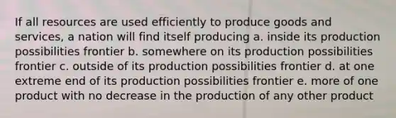 If all resources are used efficiently to produce goods and services, a nation will find itself producing a. inside its production possibilities frontier b. somewhere on its production possibilities frontier c. outside of its production possibilities frontier d. at one extreme end of its production possibilities frontier e. more of one product with no decrease in the production of any other product