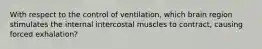 With respect to the control of ventilation, which brain region stimulates the internal intercostal muscles to contract, causing forced exhalation?