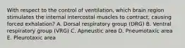 With respect to the control of ventilation, which brain region stimulates the internal intercostal muscles to contract, causing forced exhalation? A. Dorsal respiratory group (DRG) B. Ventral respiratory group (VRG) C. Apneustic area D. Pneumotaxic area E. Pleurotaxic area