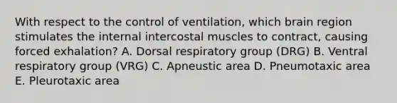 With respect to the control of ventilation, which brain region stimulates the internal intercostal muscles to contract, causing forced exhalation? A. Dorsal respiratory group (DRG) B. Ventral respiratory group (VRG) C. Apneustic area D. Pneumotaxic area E. Pleurotaxic area