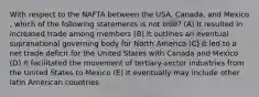 With respect to the NAFTA between the USA, Canada, and Mexico , which of the following statements is not true? (A) It resulted in increased trade among members (B) It outlines an eventual supranational governing body for North America (C) It led to a net trade deficit for the United States with Canada and Mexico (D) It facilitated the movement of tertiary-sector industries from the United States to Mexico (E) It eventually may include other latin American countries