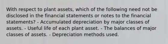 With respect to plant assets, which of the following need not be disclosed in the <a href='https://www.questionai.com/knowledge/kFBJaQCz4b-financial-statements' class='anchor-knowledge'>financial statements</a> or notes to the financial statements? - Accumulated depreciation by major classes of assets. - Useful life of each plant asset. - The balances of major classes of assets. - Depreciation methods used.