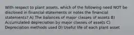 With respect to plant assets, which of the following need NOT be disclosed in financial statements or notes the financial statements? A) The balances of major classes of assets B) Accumulated depreciation by major classes of assets C) Depreciation methods used D) Useful life of each plant asset