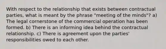 With respect to the relationship that exists between contractual parties, what is meant by the phrase "meeting of the minds"? a) The legal cornerstone of the commercial operation has been formed. b) There is an informing idea behind the contractual relationship. c) There is agreement upon the parties' responsibilities owed to each other.