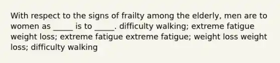 With respect to the signs of frailty among the elderly, men are to women as _____ is to _____. difficulty walking; extreme fatigue weight loss; extreme fatigue extreme fatigue; weight loss weight loss; difficulty walking