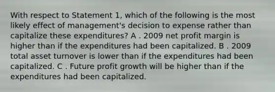 With respect to Statement 1, which of the following is the most likely effect of management's decision to expense rather than capitalize these expenditures? A . 2009 net profit margin is higher than if the expenditures had been capitalized. B . 2009 total asset turnover is lower than if the expenditures had been capitalized. C . Future profit growth will be higher than if the expenditures had been capitalized.