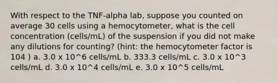 With respect to the TNF-alpha lab, suppose you counted on average 30 cells using a hemocytometer, what is the cell concentration (cells/mL) of the suspension if you did not make any dilutions for counting? (hint: the hemocytometer factor is 104 ) a. 3.0 x 10^6 cells/mL b. 333.3 cells/mL c. 3.0 x 10^3 cells/mL d. 3.0 x 10^4 cells/mL e. 3.0 x 10^5 cells/mL