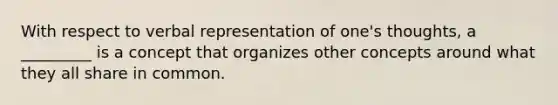 With respect to verbal representation of one's thoughts, a _________ is a concept that organizes other concepts around what they all share in common.