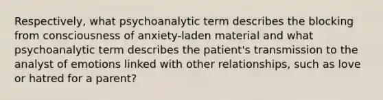 Respectively, what psychoanalytic term describes the blocking from consciousness of anxiety-laden material and what psychoanalytic term describes the patient's transmission to the analyst of emotions linked with other relationships, such as love or hatred for a parent?