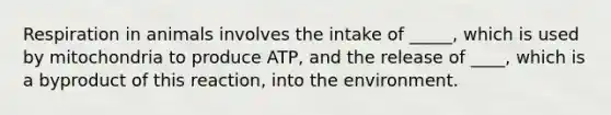 Respiration in animals involves the intake of _____, which is used by mitochondria to produce ATP, and the release of ____, which is a byproduct of this reaction, into the environment.