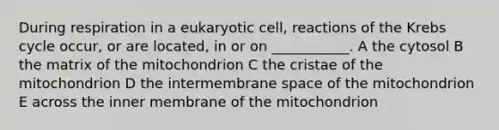 During respiration in a eukaryotic cell, reactions of the Krebs cycle occur, or are located, in or on ___________. A the cytosol B the matrix of the mitochondrion C the cristae of the mitochondrion D the intermembrane space of the mitochondrion E across the inner membrane of the mitochondrion