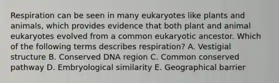 Respiration can be seen in many eukaryotes like plants and animals, which provides evidence that both plant and animal eukaryotes evolved from a common eukaryotic ancestor. Which of the following terms describes respiration? A. Vestigial structure B. Conserved DNA region C. Common conserved pathway D. Embryological similarity E. Geographical barrier