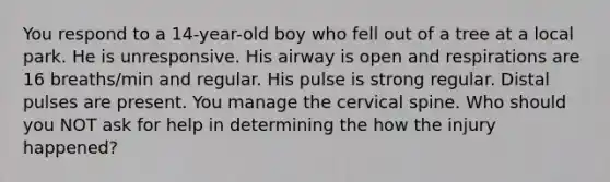 You respond to a 14-year-old boy who fell out of a tree at a local park. He is unresponsive. His airway is open and respirations are 16 breaths/min and regular. His pulse is strong regular. Distal pulses are present. You manage the cervical spine. Who should you NOT ask for help in determining the how the injury happened?