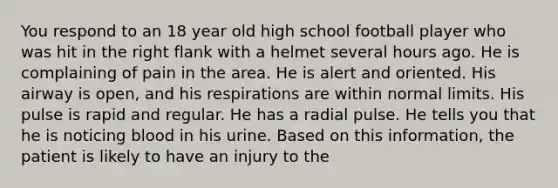 You respond to an 18 year old high school football player who was hit in the right flank with a helmet several hours ago. He is complaining of pain in the area. He is alert and oriented. His airway is open, and his respirations are within normal limits. His pulse is rapid and regular. He has a radial pulse. He tells you that he is noticing blood in his urine. Based on this information, the patient is likely to have an injury to the