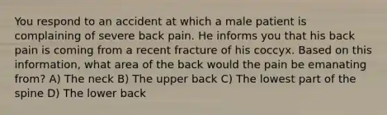 You respond to an accident at which a male patient is complaining of severe back pain. He informs you that his back pain is coming from a recent fracture of his coccyx. Based on this information, what area of the back would the pain be emanating from? A) The neck B) The upper back C) The lowest part of the spine D) The lower back