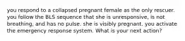 you respond to a collapsed pregnant female as the only rescuer. you follow the BLS sequence that she is unresponsive, is not breathing, and has no pulse. she is visibly pregnant. you activate the emergency response system. What is your next action?