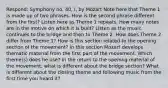 Respond: Symphony no. 40, I, by Mozart Note here that Theme 1 is made up of two phrases. How is the second phrase different from the first? Listen here as Theme 1 repeats. How many notes are in the motive on which it is built? Listen as the music continues to the bridge and then to Theme 2. How does Theme 2 differ from Theme 1? How is this section related to the opening section of the movement? In this section Mozart develops thematic material from the first part of the movement. Which theme(s) does he use? In the return to the opening material of the movement, what is different about the bridge section? What is different about the closing theme and following music from the first time you heard it?