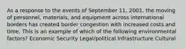 As a response to the events of September 11, 2001, the moving of personnel, materials, and equipment across international borders has created border congestion with increased costs and time. This is an example of which of the following environmental factors? Economic Security Legal/political Infrastructure Cultural