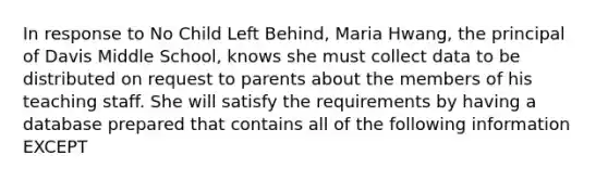 In response to No Child Left Behind, Maria Hwang, the principal of Davis Middle School, knows she must collect data to be distributed on request to parents about the members of his teaching staff. She will satisfy the requirements by having a database prepared that contains all of the following information EXCEPT