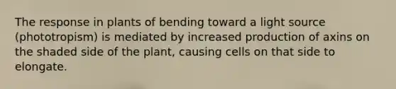 The response in plants of bending toward a light source (phototropism) is mediated by increased production of axins on the shaded side of the plant, causing cells on that side to elongate.