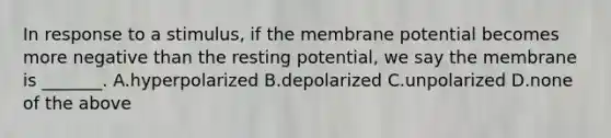 In response to a stimulus, if the membrane potential becomes more negative than the resting potential, we say the membrane is _______. A.hyperpolarized B.depolarized C.unpolarized D.none of the above