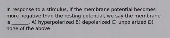 In response to a stimulus, if the membrane potential becomes more negative than the resting potential, we say the membrane is _______. A) hyperpolarized B) depolarized C) unpolarized D) none of the above