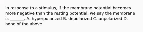 In response to a stimulus, if the membrane potential becomes more negative than the resting potential, we say the membrane is _______. A. hyperpolarized B. depolarized C. unpolarized D. none of the above