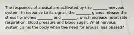 The responses of arousal are activated by the ________ nervous system. In response to its signal, the ________ glands release the stress hormones ________ and ________, which increase heart rate, respiration, blood pressure and blood sugar. What nervous system calms the body when the need for arousal has passed?