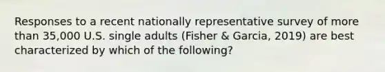 Responses to a recent nationally representative survey of more than 35,000 U.S. single adults (Fisher & Garcia, 2019) are best characterized by which of the following?