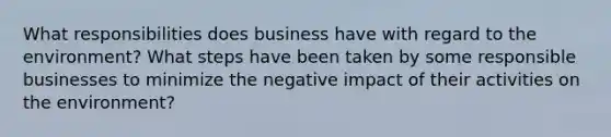 What responsibilities does business have with regard to the environment? What steps have been taken by some responsible businesses to minimize the negative impact of their activities on the environment?