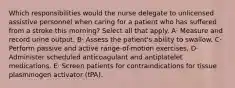 Which responsibilities would the nurse delegate to unlicensed assistive personnel when caring for a patient who has suffered from a stroke this morning? Select all that apply. A· Measure and record urine output. B· Assess the patient's ability to swallow. C· Perform passive and active range-of-motion exercises. D· Administer scheduled anticoagulant and antiplatelet medications. E· Screen patients for contraindications for tissue plasminogen activator (tPA).