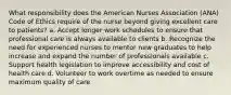 What responsibility does the American Nurses Association (ANA) Code of Ethics require of the nurse beyond giving excellent care to patients? a. Accept longer work schedules to ensure that professional care is always available to clients b. Recognize the need for experienced nurses to mentor new graduates to help increase and expand the number of professionals available c. Support health legislation to improve accessibility and cost of health care d. Volunteer to work overtime as needed to ensure maximum quality of care