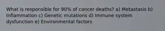 What is responsible for 90% of cancer deaths? a) Metastasis b) Inflammation c) Genetic mutations d) Immune system dysfunction e) Environmental factors